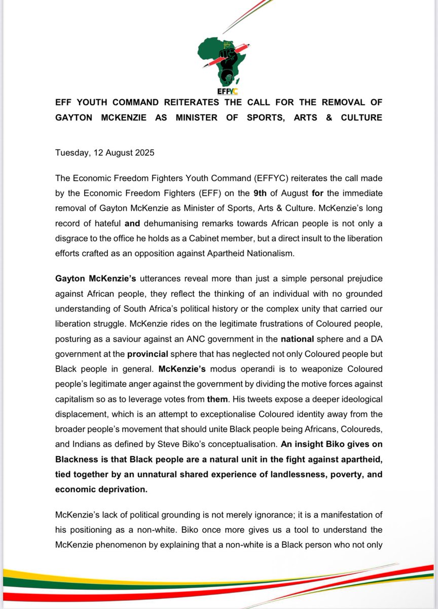 EFFYouthCommand's tweet photo. EFF Youth Command Reiterates the Call for the Removal of Gayton McKenzie as Minister of Sports, Arts and Culture 

12 August 2025 https://t.co/gOUy7azGpx