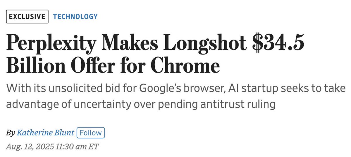 The venture capital-fueled AI bubble sure makes for some fun headlines... Perplexity offer for Google Chrome