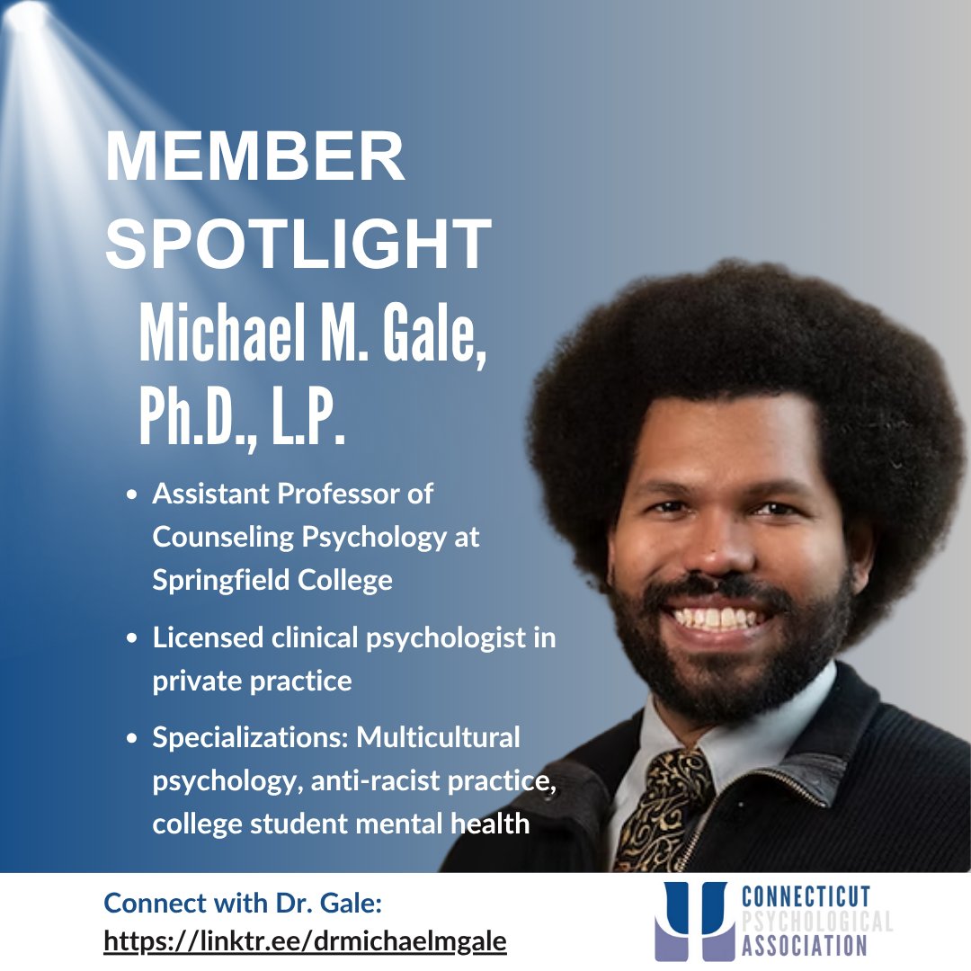 CPA Member Spotlight: Michael M. Gale, Ph.D., L.P. Assistant Professor @SpringfieldCollege
Licensed clinical psychologist
Research: race/racism, anti-racist practice

Learn about your CT colleagues! 🔗 linktr.ee/drmichaelmgale
#CPASpotlight #CTpsychology