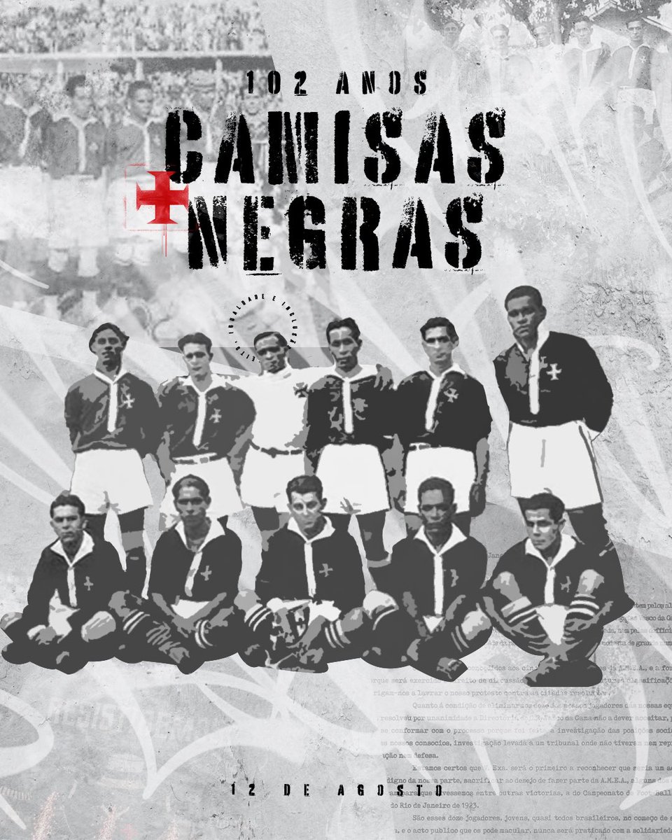12 de agosto • 102 anos dos 𝓒𝓪𝓶𝓲𝓼𝓪𝓼 𝓝𝓮𝓰𝓻𝓪𝓼.

No dia 12 de agosto de 1923, o Vasco da Gama derrotava o São Cristóvão por 3 a 2, de virada, e conquistava o Campeonato Carioca pela primeira vez.

Adão. Arlindo. Arhur. Bolão. Cecy. Claudio. Leitão. Mingote. Negrito.