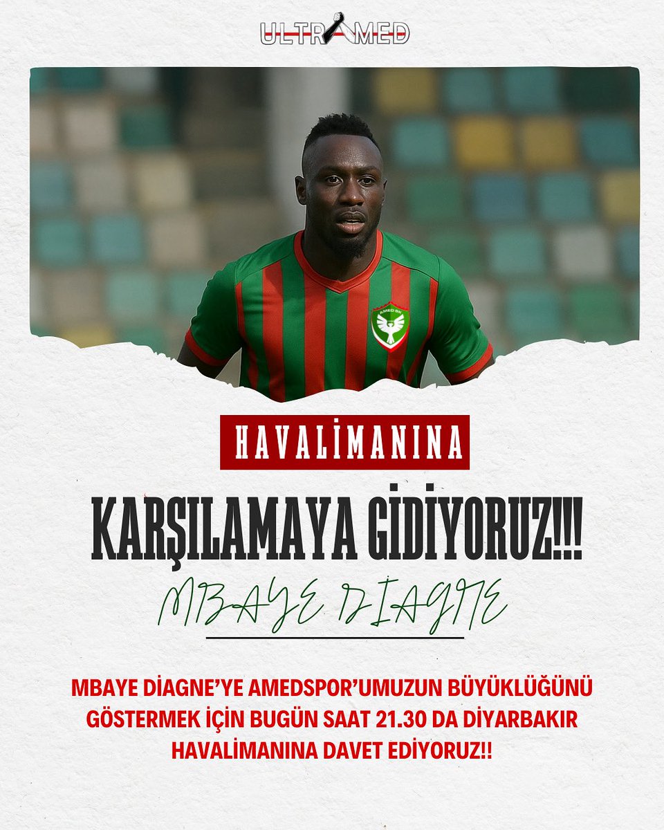 21.30 DA MBAYE DİAGNE’Yİ HAVALİMANINDA KARŞILAMAYA GİDİYORUZ.
#Amedspor #Ultramed