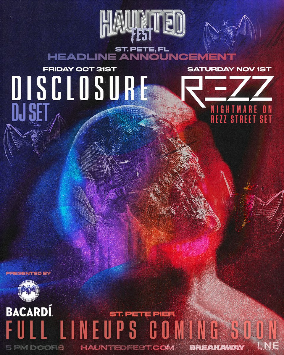 LNEPresentsFL's tweet image. JUST IN🦇⚡Your @HauntedFest Headliners! 

@disclosure (DJ SET)
@OfficialRezz (NIGHTMARE ON REZZ STREET SET)

+ More Artists Announcing Soon...STAY TUNED!👀 

OCT 31ST &amp;amp; NOV 1ST!👻 

Tickets On Sale WED @ 10AM ET 🎟️ LNEPresents.com

#LNEFL #LNE #HauntedFest #Breakaway