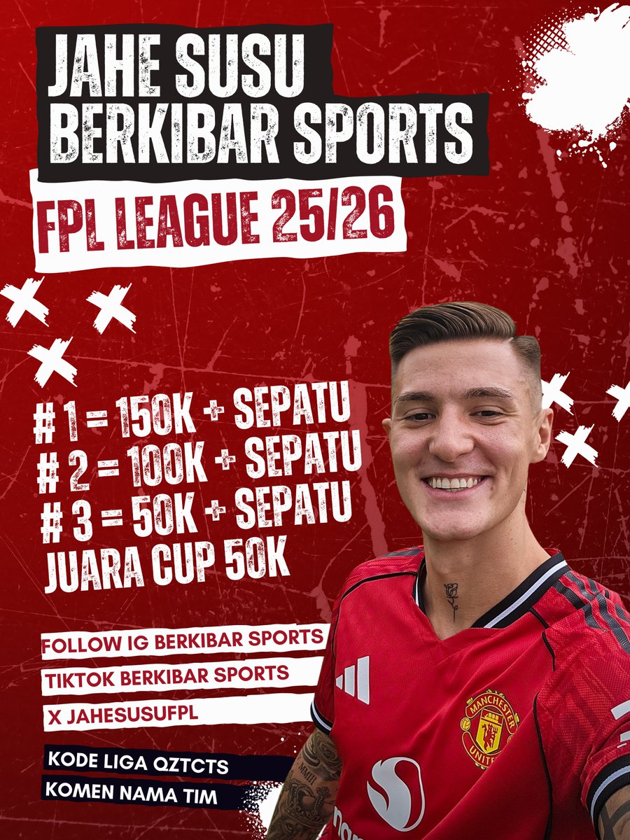 FPL JaheSusu (@jahesusufpl) on Twitter photo Liga FPL JaheSusu X Berkibar Sports balik lagi, seperti season kemaren syaratnya cuma 3 aja
1. Follow IG berkibarsports
2. Follow Tiktok Berkibar Sports Jogja
3. komen nama tim
Untuk hadiah nya bisa lihat di poster aja guys
kode liga qztcts
max GW2 <a href="/pisangij01/">FPL Liga Pisangijo</a> #FPL Liga FPL JaheSusu X Berkibar Sports balik lagi, seperti season kemaren syaratnya cuma 3 aja
1. Follow IG berkibarsports
2. Follow Tiktok Berkibar Sports Jogja
3. komen nama tim
Untuk hadiah nya bisa lihat di poster aja guys
kode liga qztcts
max GW2 <a href="/pisangij01/">FPL Liga Pisangijo</a> #FPL