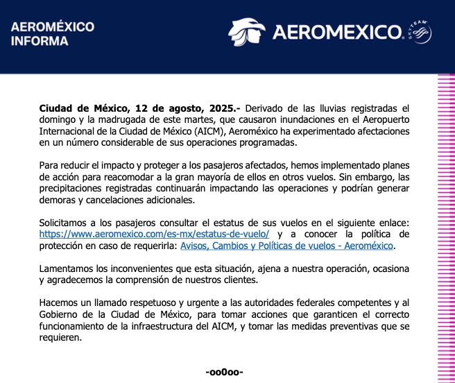 🚨Aeromexico hace un llamado "respetuoso y urgente" a autoridades federales y al gobierno capitalino para tomar acciones que garanticen el correcto funcionamiento del #AICM.

➡️Lamentan los incovenientes y solicitan a los pasajerios consultar el estatus de sus vuelos en su página