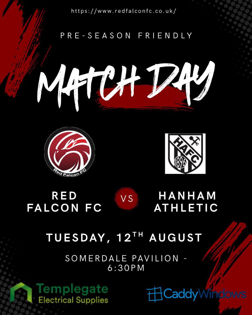 Red Falcon FC (@redfalconmenfc) on Twitter photo 📅 Tuesday 12th August
🕑 6:30pm KO
🆚 <a href="/Hanham_Athletic/">Hanham Athletic ⛏️</a> A
📍 Somerdale, BS31 2FW
We’re at home tonight against Hanham Athletic A at <a href="/SomerPavilion/">Somerdale Pavilion</a> if you fancy a pint 🍺 in the sun ☀️ 📅 Tuesday 12th August
🕑 6:30pm KO
🆚 <a href="/Hanham_Athletic/">Hanham Athletic ⛏️</a> A
📍 Somerdale, BS31 2FW
We’re at home tonight against Hanham Athletic A at <a href="/SomerPavilion/">Somerdale Pavilion</a> if you fancy a pint 🍺 in the sun ☀️
