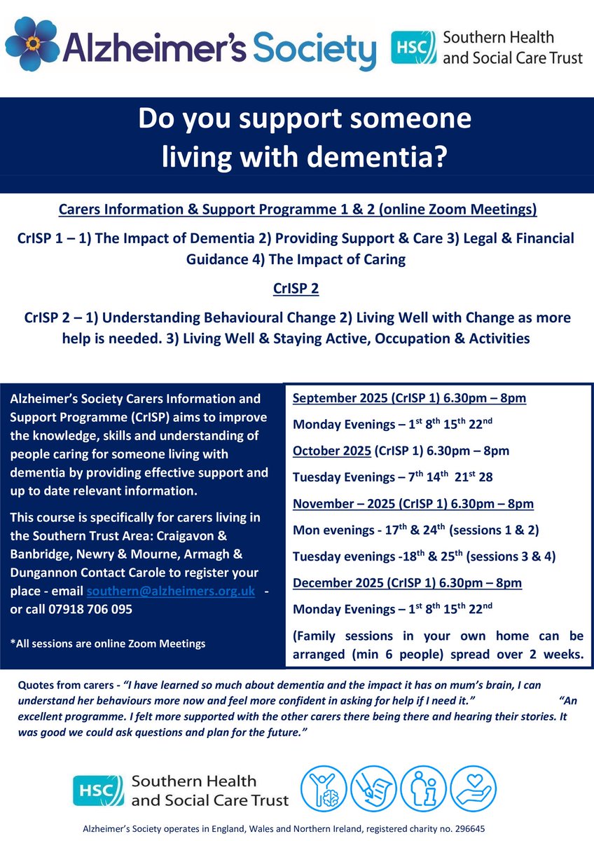 Adrian Friel (@adrian_friel02) on Twitter photo Our new dates are out. We <a href="/AlzSocNI/">Alzheimer’s Society Northern Ireland</a> are delighted to put out our new CrISP dates for southern trust area. Why not book your place. Our new dates are out. We <a href="/AlzSocNI/">Alzheimer’s Society Northern Ireland</a> are delighted to put out our new CrISP dates for southern trust area. Why not book your place.