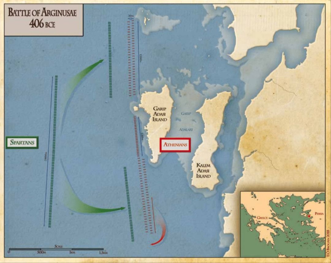 Map of the Battle of Arginusae. Despite many disadvantages, an inexperienced Athenian fleet managed to overcome the Spartans at this battle. However, their victory was not to last. More about Athens vs Sparta in AW XI.6: karwansaraypublishers.com/products/ancie…