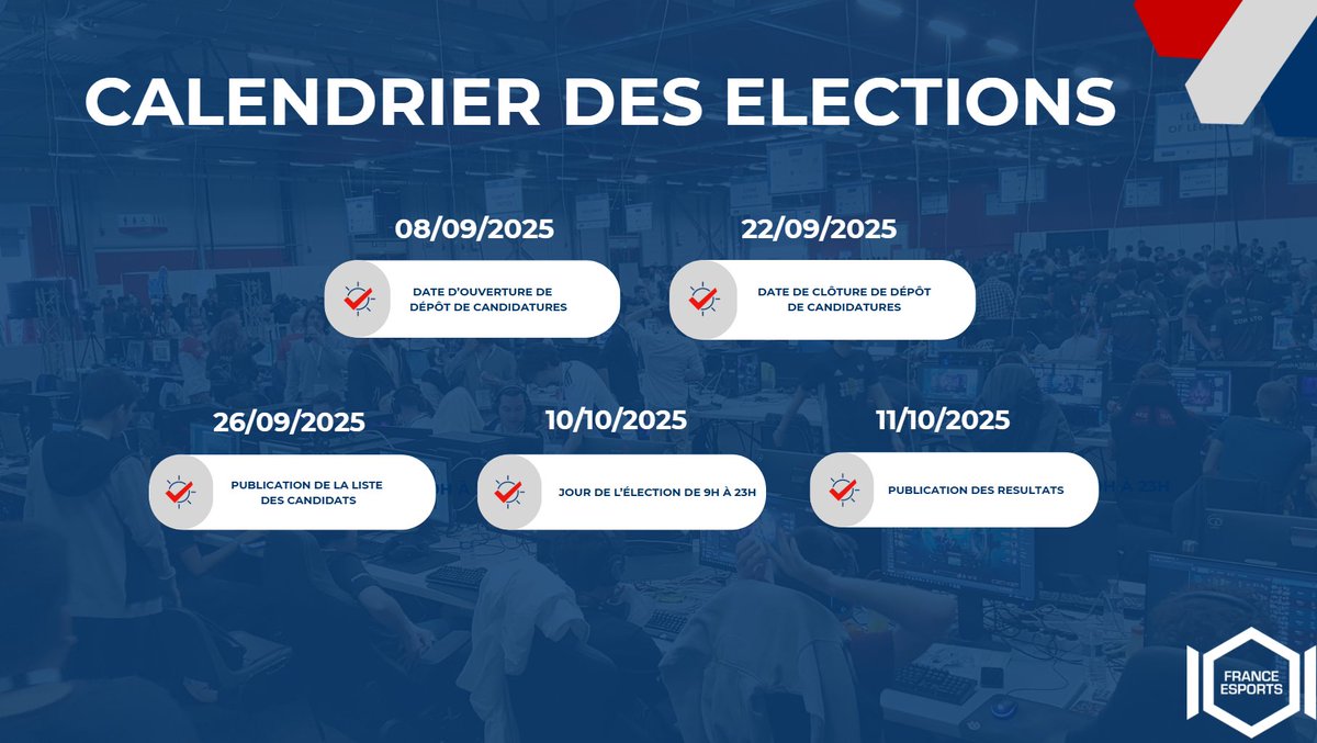Fra_esports's tweet photo. 📢 Les élections du nouveau Conseil d’Administration de France Esports !

Les candidatures seront ouvertes à partir du 08/09/2025 pour représenter votre collège et défendre les intérêts de l’écosystème esport français. 🎮

Vous trouverez les dates des élections électoral juste en dessous 👇 

Pour en savoir plus : https://t.co/dc4POqnDDr
