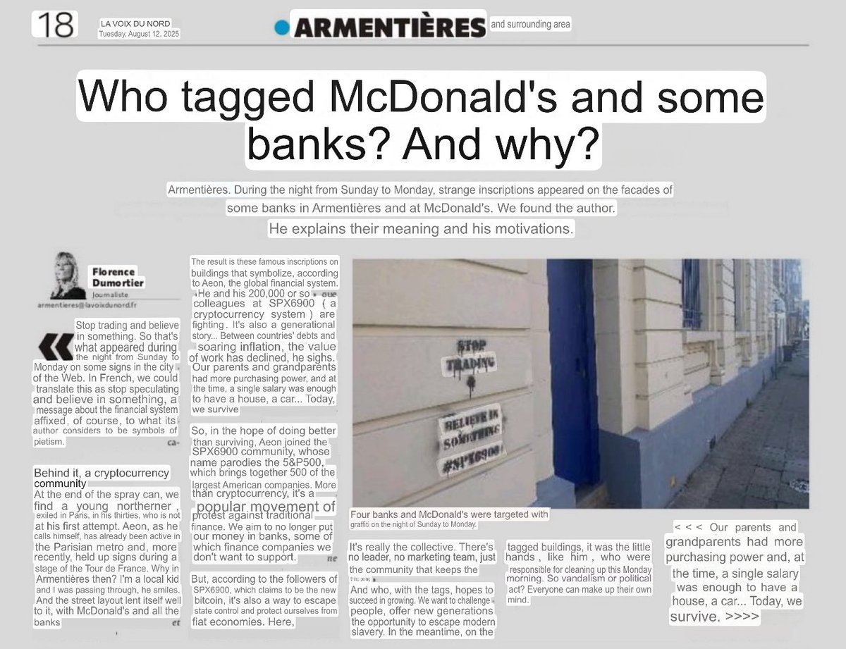 Traduction of the newspaper about tagged McDonald &amp; Banks in France 👀

Few Understand 

Many Will.

Stop Trading &amp; Believe in something💹🧲 
$SPX #SPX6900