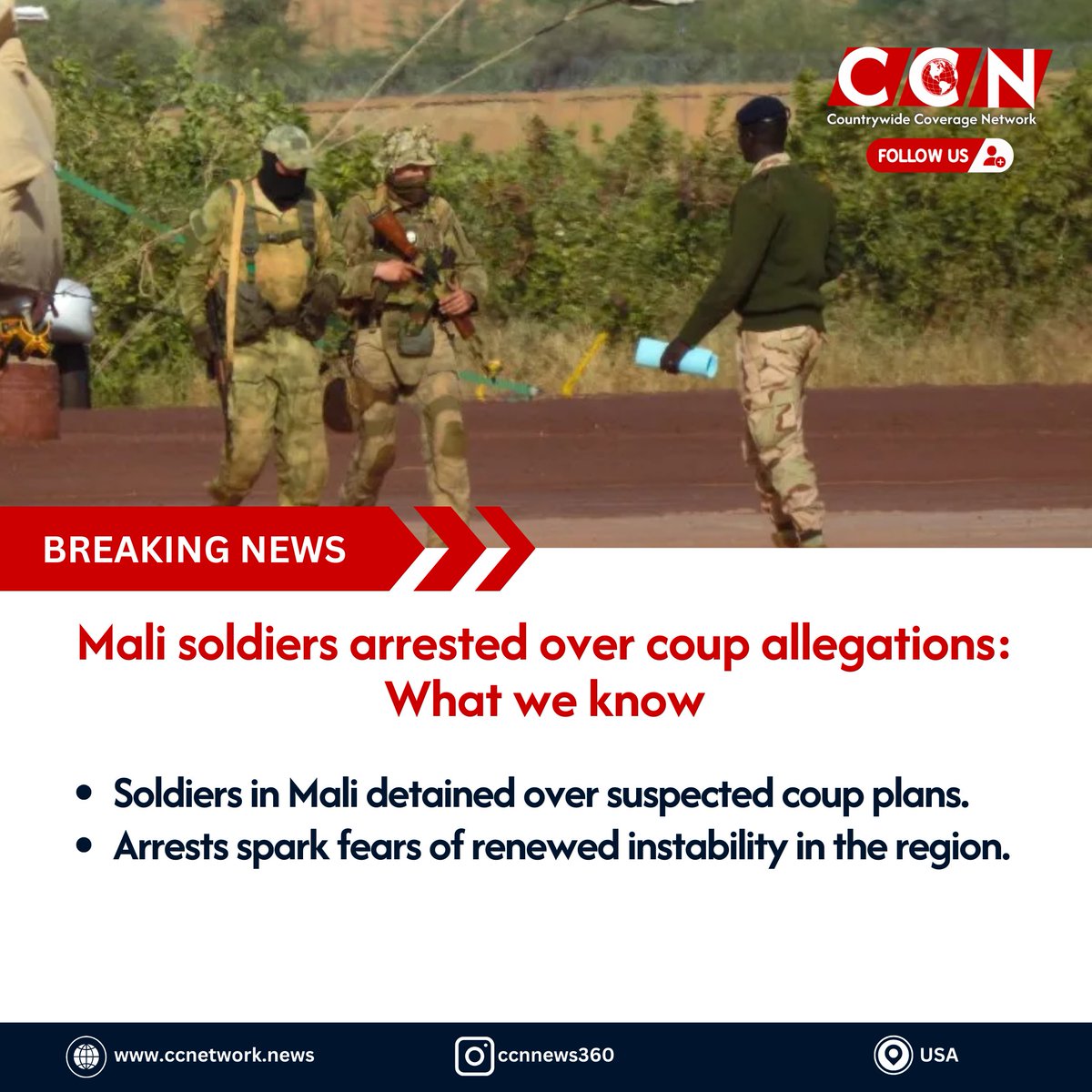 CCNNews360's tweet image. Mali arrests several soldiers over alleged coup plots, deepening political uncertainty. #Mali #CoupAttempt #AfricaNews