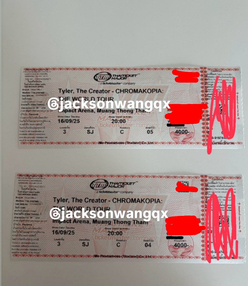 jacksonwangqx's tweet photo. ปล่อยบัตร 2 ใบติด ขายเเยกได้ค่ะ  โซน SJ ใบละ 4000 นัดรับได้ค่ะ #TylerWORLDTOURinBKK https://t.co/teHivaxYEp