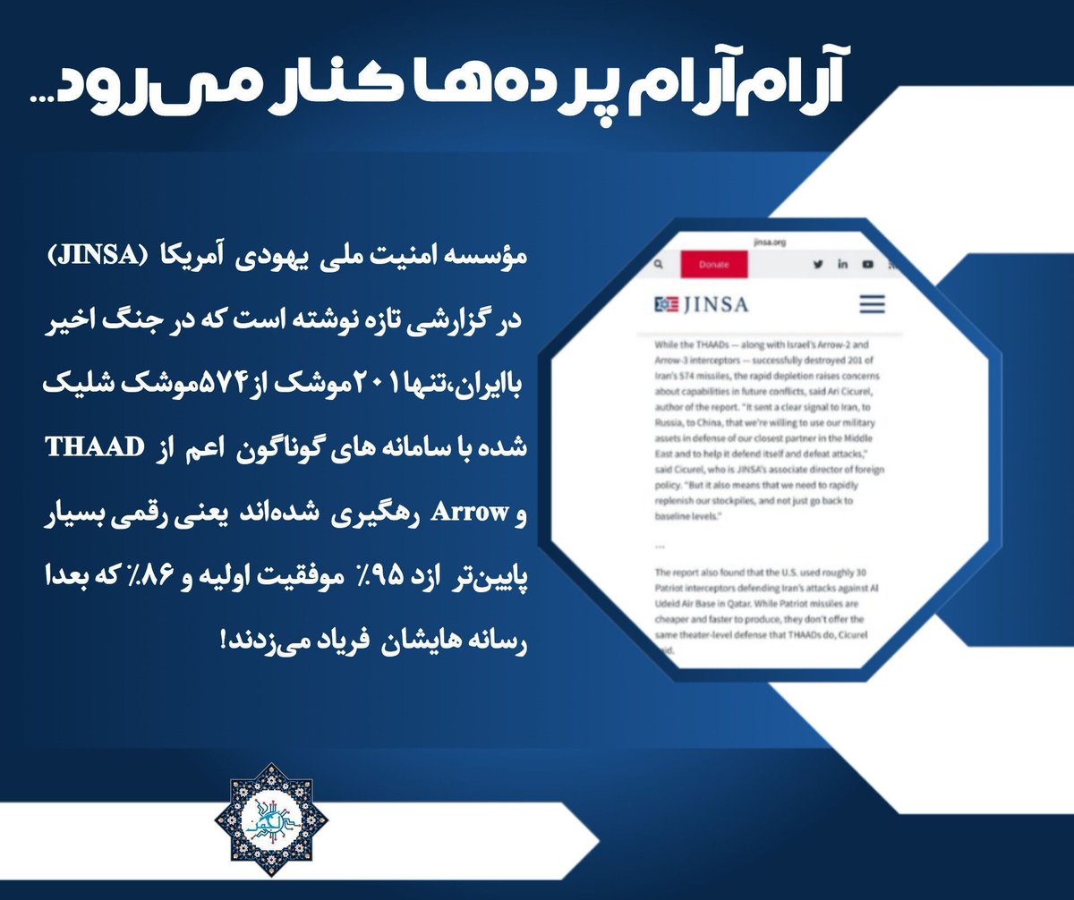 به گزارش مؤسسه امنیت ملی یهودی آمریکا (JINSA) در جنگ اخیر، از ۵۷۴ موشک شلیک‌شده، تنها ۲۰۱ موشک رهگیری شد؛ آن هم با استفاده از سامانه‌های پیشرفته و گران‌قیمتی چون THAAD و Arrow.  
#ارتش_حسینیم
#ایران_قوی‌تر