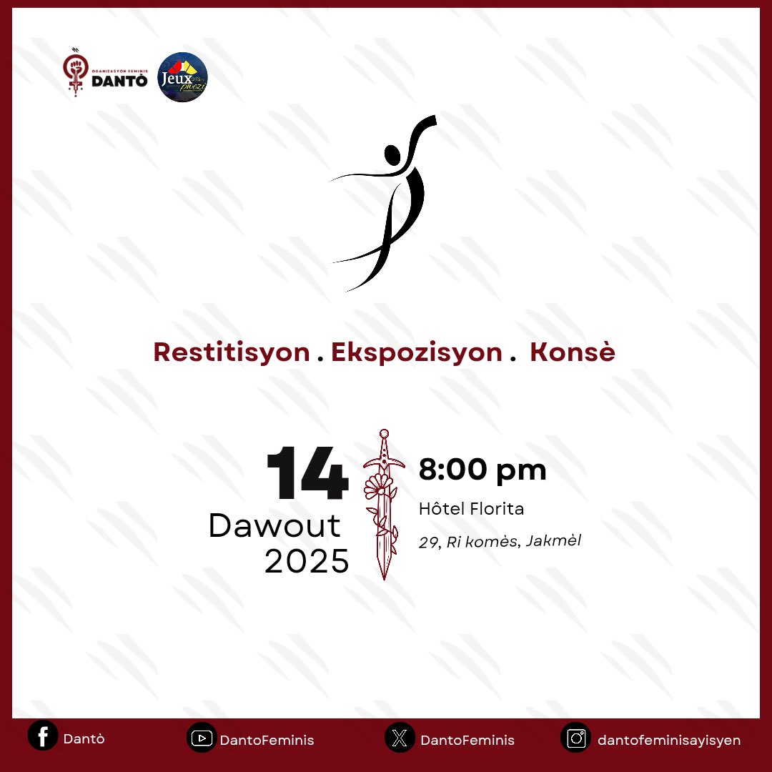 Nou kontan envite w vin patisipe ak nou nan kokennchenn aktivite n ap òganize nan dat 14 Dawout la. 
Aktivite yo ap lanse ak yon konferans a 6zè pou fini ak ekspozisyon , restitisyon atelye epi konsè. 
Tout aktivite sa yo ap fèt nan Hôtel Florita nan Jakmèl.

#Bwakayiman #14Dawou
