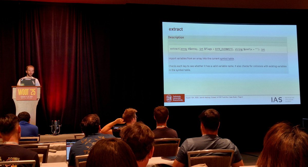 WOOT 2025 late morning session: Application Security (Chair: Yves Younan)
- Gabriel Karl Gegenhuber: Prekey Pogo—WhatsApp handshake weaknesses
- Manuel Karl: Formula injection in real-world spreadsheets
- Jannik Hartung: PHP foot-gun case study (Best paper award !)