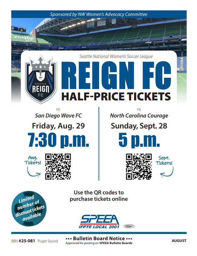 BryanCorliss425's tweet photo. For the Blue and Bold! @SPEEA members can take advantage of half-price tickets to TWO Reign FC matches, Aug. 29 against San Diego and Sept. 28 against Carolina. Use the QR codes to order online. #LetItReign https://t.co/iWpnG2uisB