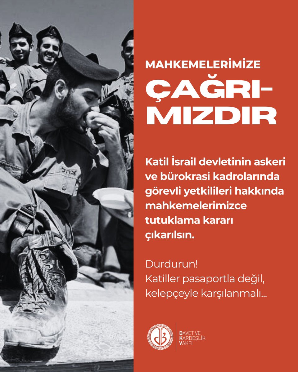 MAHKEMELERE ÇAĞRIMIZDIR.

SUÇ DUYURUSUNDA BULUNUYORUZ.

SOYKIRIM SUÇU İŞLEDİĞİ SABİT OLAN KATİL İSRAİL DEVLETİNİN ASKERİ VE BÜROKRASİDE GÖREVLİ YETKİLİ KATİLLERİ İÇİN MAHKEMELERİMİZCE TUTUKLAMA KARARI ÇIKARILSIN
 #HükümetimizeÇağrımızdır