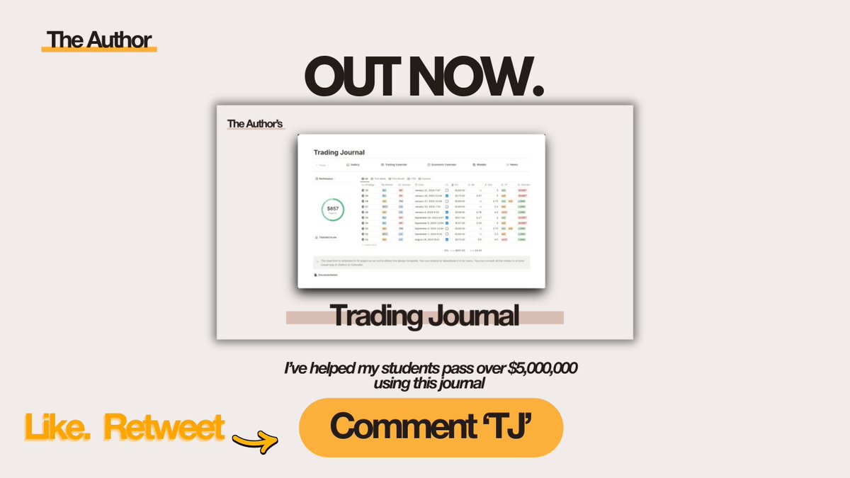 The Only Trading Journal you need to increase your win rate 

Like + Repost + Comment "J" and it's yours 

(Must be 𝙛𝙤𝙡𝙡𝙤𝙬𝙞𝙣𝙜 me so I can DM) 

Deleting this in 48 hours