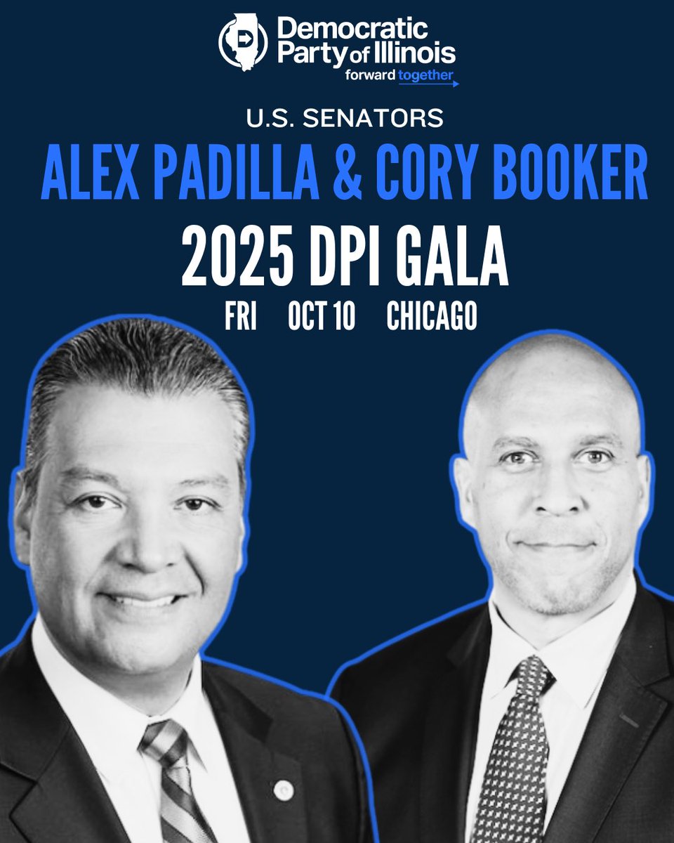 🚨 It’s official 🚨

Senators <a href="/CoryBooker/">Cory Booker</a> and <a href="/AlexPadilla4CA/">Alex Padilla</a> are coming to Chicago for the Democratic Party of Illinois Gala on October 10!

Two of the most dynamic voices in the Senate. One room full of Illinois Democrats ready to win in 2026.

Lock in your spot before Early