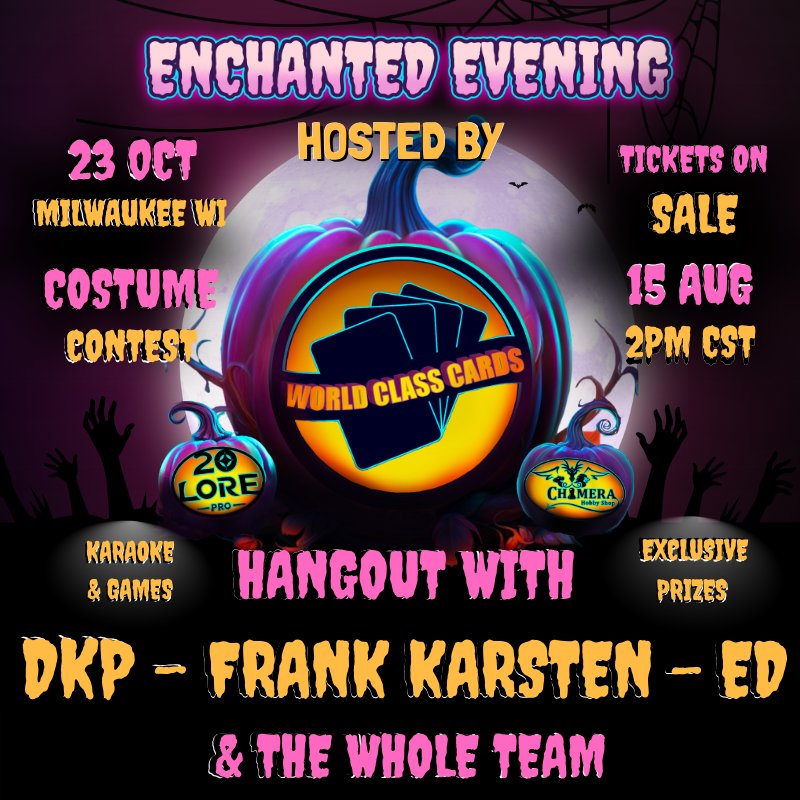 20LorePro's tweet photo. @WCCLorcana is hosting an Enchanted Evening OCT 23rd before Milwaukee DLC, where you can play Disney Lorcana with the WCC pros!

Enjoy food, party games, karaoke, and the most insane giveaways you have ever seen!!!! 

Tickets go on sale at 8/15 at 2pm CST. (Link will be posted on the WCC fb page) Tickets are limited.