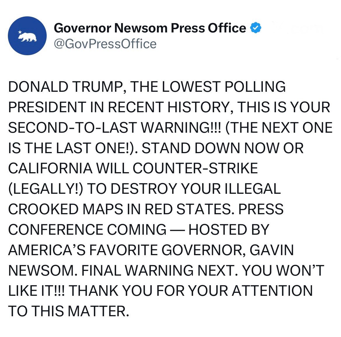 Sean B (@seanb324) on Twitter photo This is a real post from <a href="/GovPressOffice/">Governor Newsom Press Office</a> <a href="/GavinNewsom/">Gavin Newsom</a>
This isn't AI or a fake.
This is real.
I can't imagine being in the room with these idiots as they plan these things.
Smh. <a href="/TheDemocrats/">Democrats</a> This is a real post from <a href="/GovPressOffice/">Governor Newsom Press Office</a> <a href="/GavinNewsom/">Gavin Newsom</a>
This isn't AI or a fake.
This is real.
I can't imagine being in the room with these idiots as they plan these things.
Smh. <a href="/TheDemocrats/">Democrats</a>