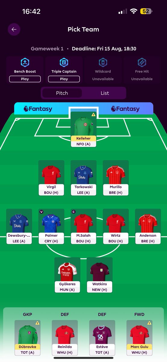 GMANLEWIS16's tweet photo. @LetsTalk_FPL 2 9.0 forwards is very top heavy. Dilemma of KDH &amp; gyokeres vs ndiaye and 7.5 forward (dont love any, leaning mateta). Gw2 BB as all my cheapies have a good fixture, albeit vs each other. Defcon players are a play regardless of fixture as that’s when you’ll receive the extra pts. https://t.co/WuKCJxEjXJ