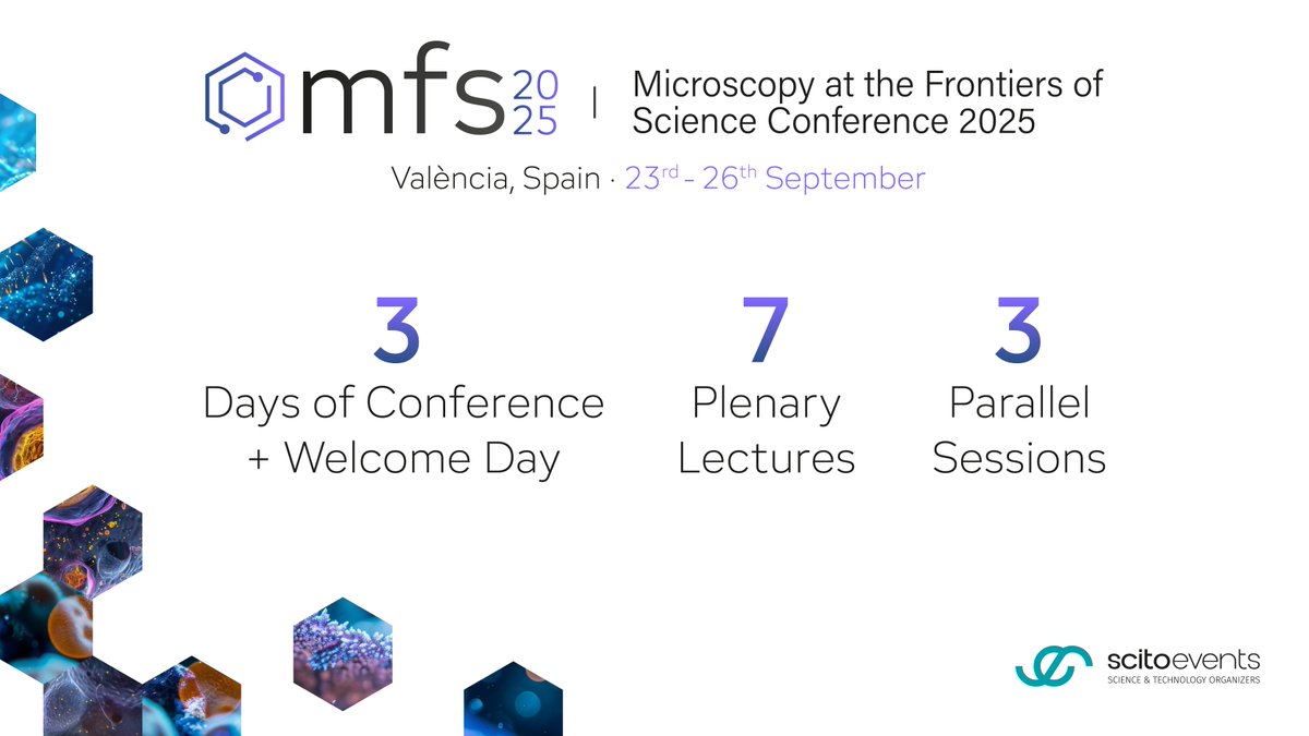 MFS_2025's tweet photo. 💥Ready to push microscopy boundaries?

Join the Microscopy at the Frontiers of Science Conference #MFS25 for 3 days of talks by 6+ leading keynote speakers🗣️

📆23rd-26th September 2025
📍València, Spain

📢Register and send a poster by 28th August: https://t.co/EfqPU7AsiC https://t.co/5dwVwEUJMi