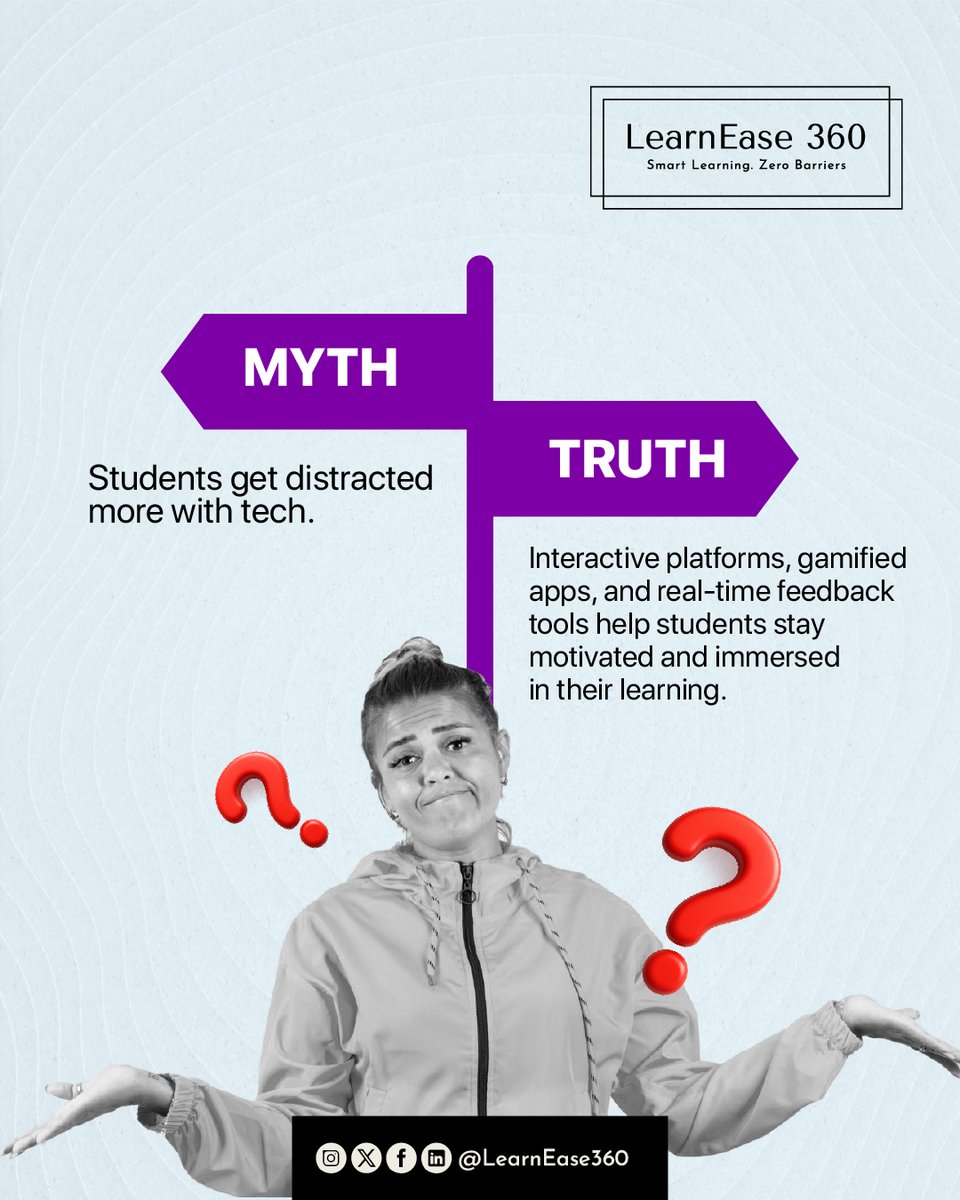 LearnEase360's tweet image. &quot;Tech distracts students.&quot; ❌
&quot;Tech keeps students motivated &amp;amp; focused.&quot; ✅
The difference? How you use it!
🎯 Interactive tools + gamified learning = better engagement.
 #EdTechTruth #smartlearning #LearningMyths #GamificationInEducation #InteractiveLearning #21stCenturyLearning