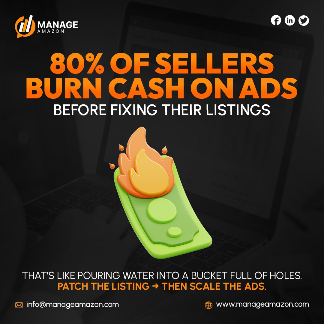 manageamazon's tweet image. 80% of sellers waste ad spend by scaling before fixing listings like pouring water in a leaky bucket. Fix titles, keywords &amp;amp; images first, then scale smart. manageamazon.com #AmazonFBA #EcommerceTips #AmazonSelling #AmazonAds #AmazonOptimization