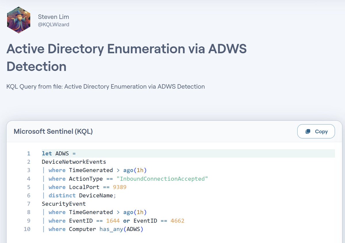 Steven Lim (@0x534c) on Twitter photo 🧵 Red teams are shifting to stealthier AD enumeration via Active Directory Web Services (ADWS) over port 9389. Tools like SOAPHound, SoaPy & ShadowHound wrap LDAP queries in SOAP, bypassing traditional detections.
ipurple.team/2025/08/12/act…
A KQL to detect this type of AD 🧵 Red teams are shifting to stealthier AD enumeration via Active Directory Web Services (ADWS) over port 9389. Tools like SOAPHound, SoaPy & ShadowHound wrap LDAP queries in SOAP, bypassing traditional detections.
ipurple.team/2025/08/12/act…
A KQL to detect this type of AD