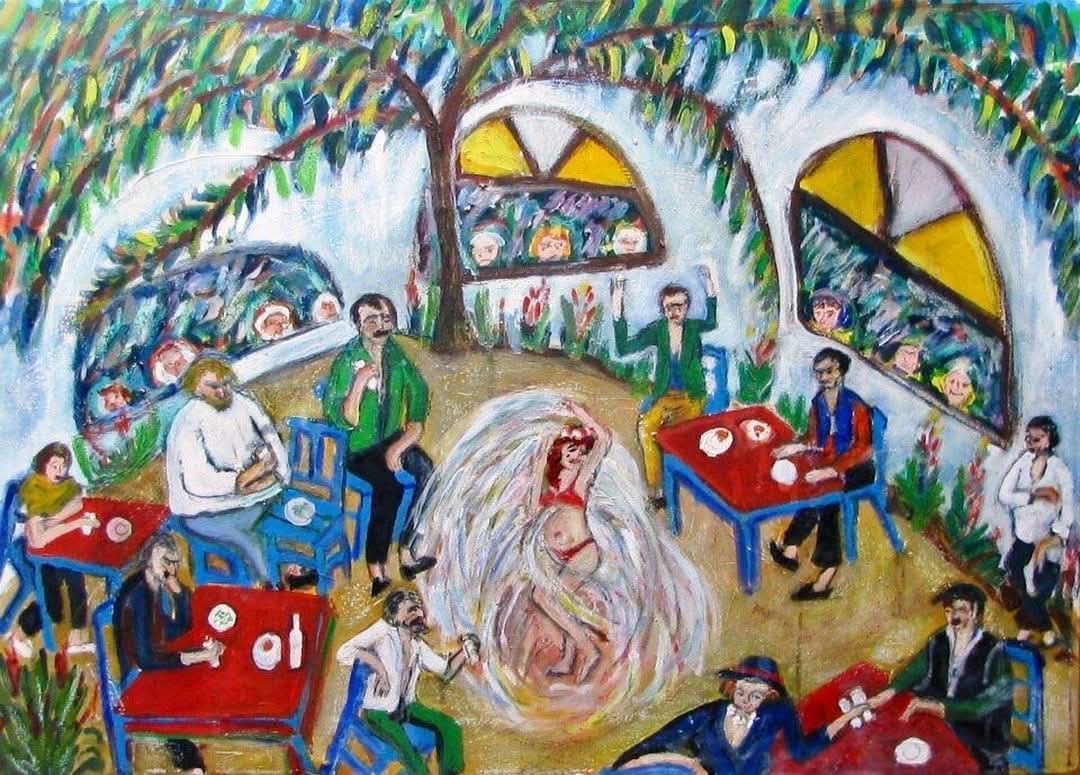 Güler abla'nın yaptığı Can Baba ve Muhtar Orhan, Orhan'ın kahvesinde dansöz izlerken tablosu.
Üçü de nur içinde yatsın.