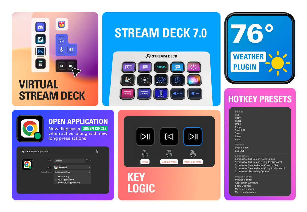 Stream Deck 7.0 is now live as the latest full release 🎉

While the standout feature is Virtual Stream Deck, we sprinkled in some more great functionality:

- A new Key Logic action allows you to assign unique actions for press / double press / long press on a single key

- The