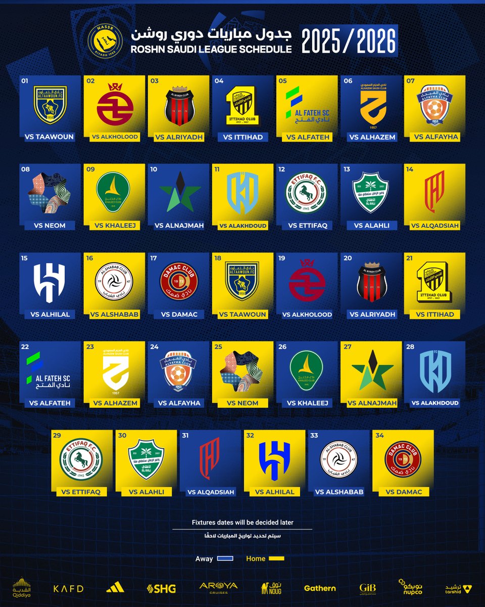 جـدول مبـاريـات #النصر 💛
في دوري روشن للمحترفين 🏆
للموسم الرياضي 2025 - 2026 🗓️

نسأل الله التوفيق والنصر لنصرنا العظيم 💛