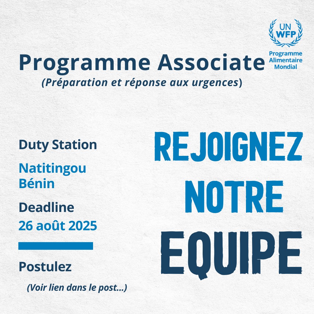 ayimalin's tweet photo. Le Programme Alimentaire Mondial au #Bénin recrute un(e) Programme Associate en préparation et réponse aux urgences.

Postulez ici : https://t.co/dw4UZf1D4U
Deadline : 26 août 2025

Vous avez le bon profil OU connaissez un(e) ami(e) avec le bon profil ?

Partagez !

@aliouatt https://t.co/hJFGd8aqgY