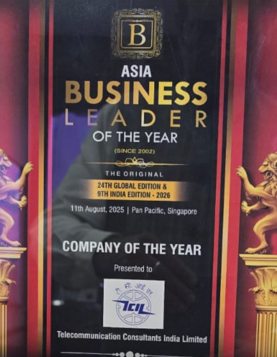 ⁦<a href="/TCILHQ/">Telecommunications Consultants India Limited</a>⁩ under the leadership of ⁦⁦<a href="/JM_Scindia/">Jyotiraditya M. Scindia</a>⁩ &amp; ⁦⁦<a href="/PemmasaniOnX/">Dr. Chandra Sekhar Pemmasani</a>⁩ has been bestowed with the Company of the Year Award of the Asia Business Leader 2025 in Singapore, indicating its global  strength. ⁦<a href="/DoT_India/">DoT India</a>⁩ ⁦<a href="/PMOIndia/">PMO India</a>⁩ #Telecom #India