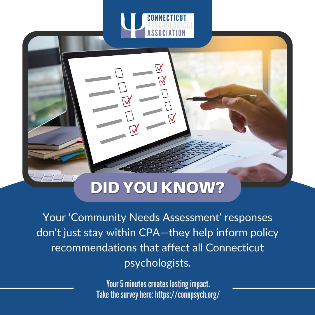 Your survey responses inform CPA's policy recommendations at the state level. 5 minutes today = stronger advocacy for CT psychologists tomorrow: docs.google.com/forms/d/e/1FAI…