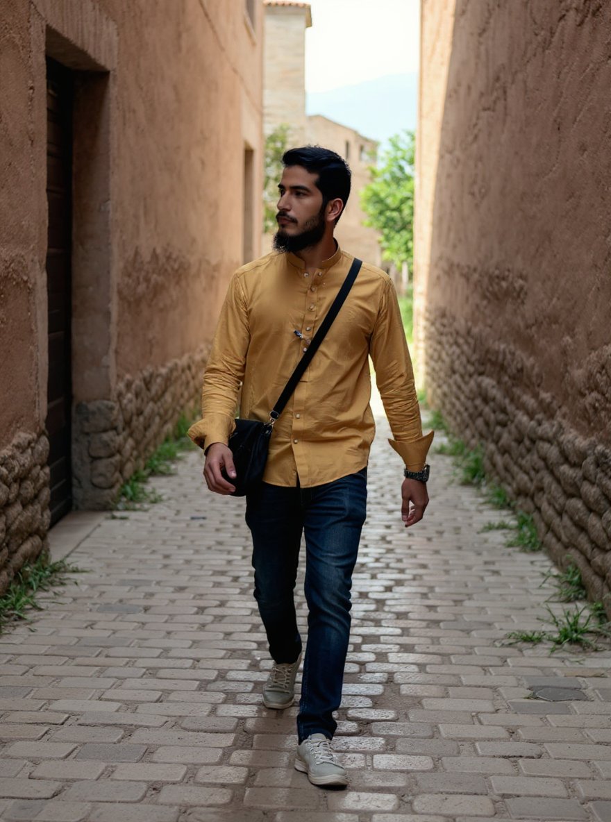 Promptopia4's tweet image. Man walking down a narrow alley in an ancient walled city, cobbled path underfoot, traditional building textures around, casual clothing with a sling bag, soft ambient light, authentic travel tone, no face change.
#RevengedLove #LaCasaDeLosFamososMx3 #FreenBecky