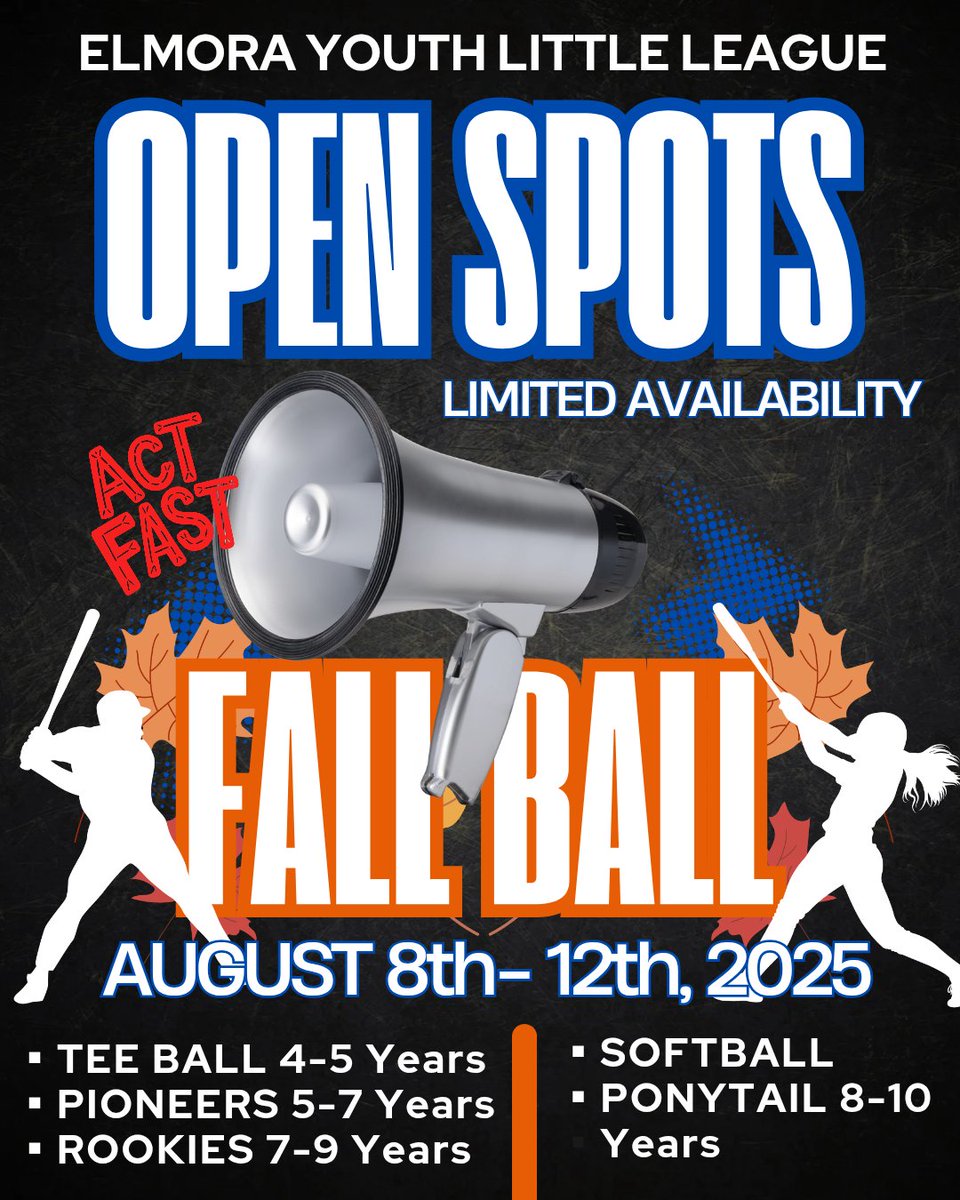🚨LAST CALL – FALL BALL  ⚾🚨

📅 August 12th, 2025
Elmora Youth Little League is bringing the heat this fall! LIMITED spots are still open!

leagues.bluesombrero.com/elmorayouthlea…
 #Softball #ElmoraPride #AllStarReady #BaseballLife #LimitedSpots #Elizabethnj #fallball