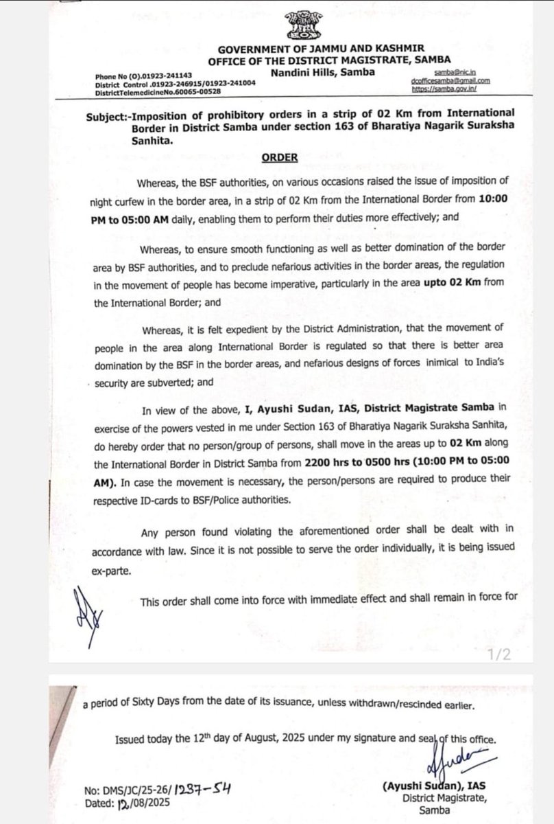 #BREAKING | A 2-month night #curfew from 10 pm to 5 am has been enforced in the Samba area of Jammu Division of J&amp;K, within 2 km of the International Border to aid BSF security operations.