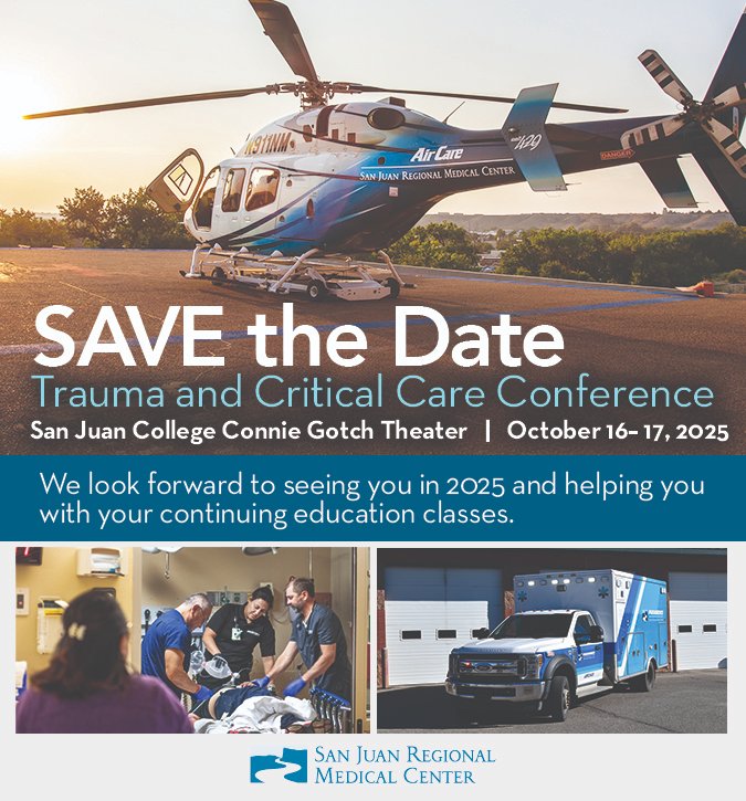 Wre 'eproud to annouce the 2025 Trauma &amp; Critical Care Conference to be held  Oct 16 &amp; 17  at the Connie Gosch Theater at San Juan College. 
#EMS #Paramedic #Nursing #TraumaCare  Info &amp; Registration released soon.