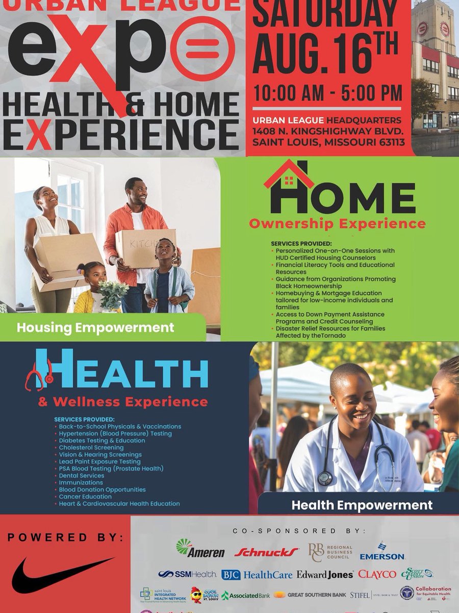 MMULSTL's tweet photo. PLEASE SPREAD THE WORD TO ANYONE IN NEED!!! THE URBAN LEAGUE @ULSTL & OUR PARTNERS ARE HOSTING OUR Back to School-Urban Expo this Saturday from 10 a.m. to 5 p.m. at our regional headquarters at 1408 N. Kingshighway! We will have free food, groceries, book bags, school supplies, bounce houses, face painting, a petting zoo, resources, seminars, health screenings, toys, gifts, down payment assistance, utility assistance, financial literacy classes, women’s empowerment programs, energy row and so much more! You won’t want to miss it! 

#ULSTL #UrbanLeague #BackToSchool #UrbanExpo #Nike #Emerson #Ameren #RBC #Schnucks #EdwardJones #ScottCreditUnion #BJC #SSM #Mercy #CocaCola #CollaborationForEquitableHealth #USBank #EnterpriseBank #CarrolltonBank #StifelBank #GreatSouthernBank #StLouisBank #AssociatedBank #SterlingBank #PrairieFarms #StLouisIHN #CityofStLDOH #CoolDownStLouis #AtHomeHealthcare