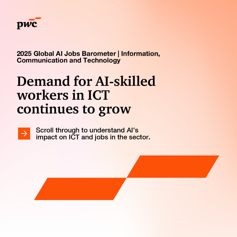 PwC's tweet photo. 📈 AI isn’t replacing people—it’s making them more valuable. ICT jobs referencing AI skills now command average wage premiums well in excess of the 56% cross-industry average. Explore the shift to AI-literate talent: https://t.co/a6VPeXqpUa #AIJB #ICT