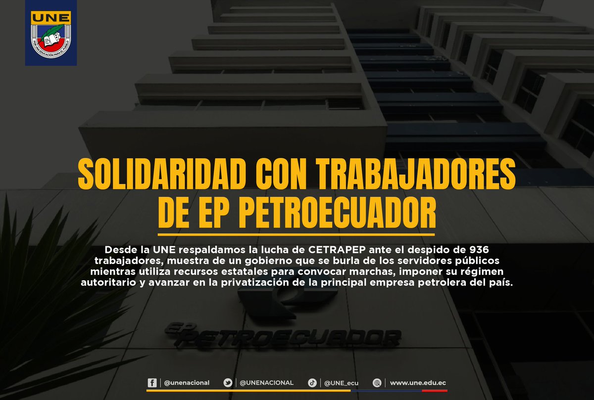 UNENACIONAL's tweet photo. 🔴 #SOLIDARIDAD| Expresamos nuestra solidaridad con el Comité de Empresa de los Trabajadores de EP Petroecuador #CETRAPEP, que ha decidido paralizar las actividades operativas de la estatal petrolera en rechazo a la desvinculación de 936 funcionarios, incumpliendo la promesa del gobierno de no despedir a ningún obrero. Denunciamos que este gobierno, que se burla de los trabajadores, utiliza recursos públicos para convocar marchas y fortalecer su régimen autoritario, mientras impone leyes que atentan contra los derechos laborales y buscan abrir paso a la privatización de la empresa más grande del país.
#CETRAPEP #NoAlCarton #Petroecuador