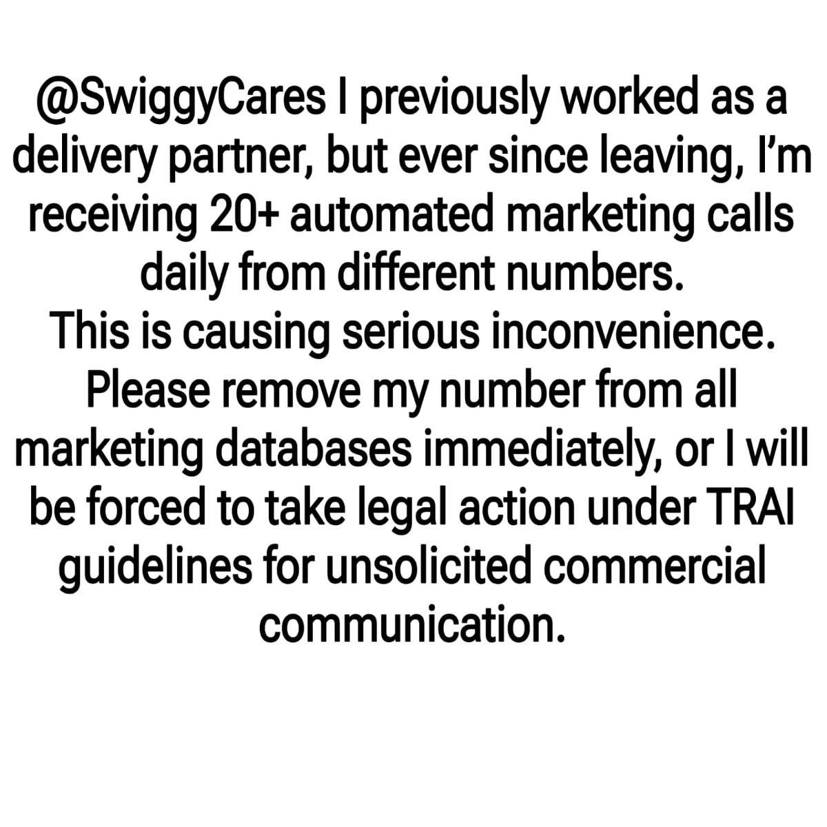rakeshpulasar's tweet photo. This is causing serious inconvenience.
Please remove my number from all marketing databases immediately, or I will be forced to take legal action under TRAI guidelines for unsolicited commercial communication.
@Swiggy @SwiggyCares @harshamjty https://t.co/j2cyWhCYjX