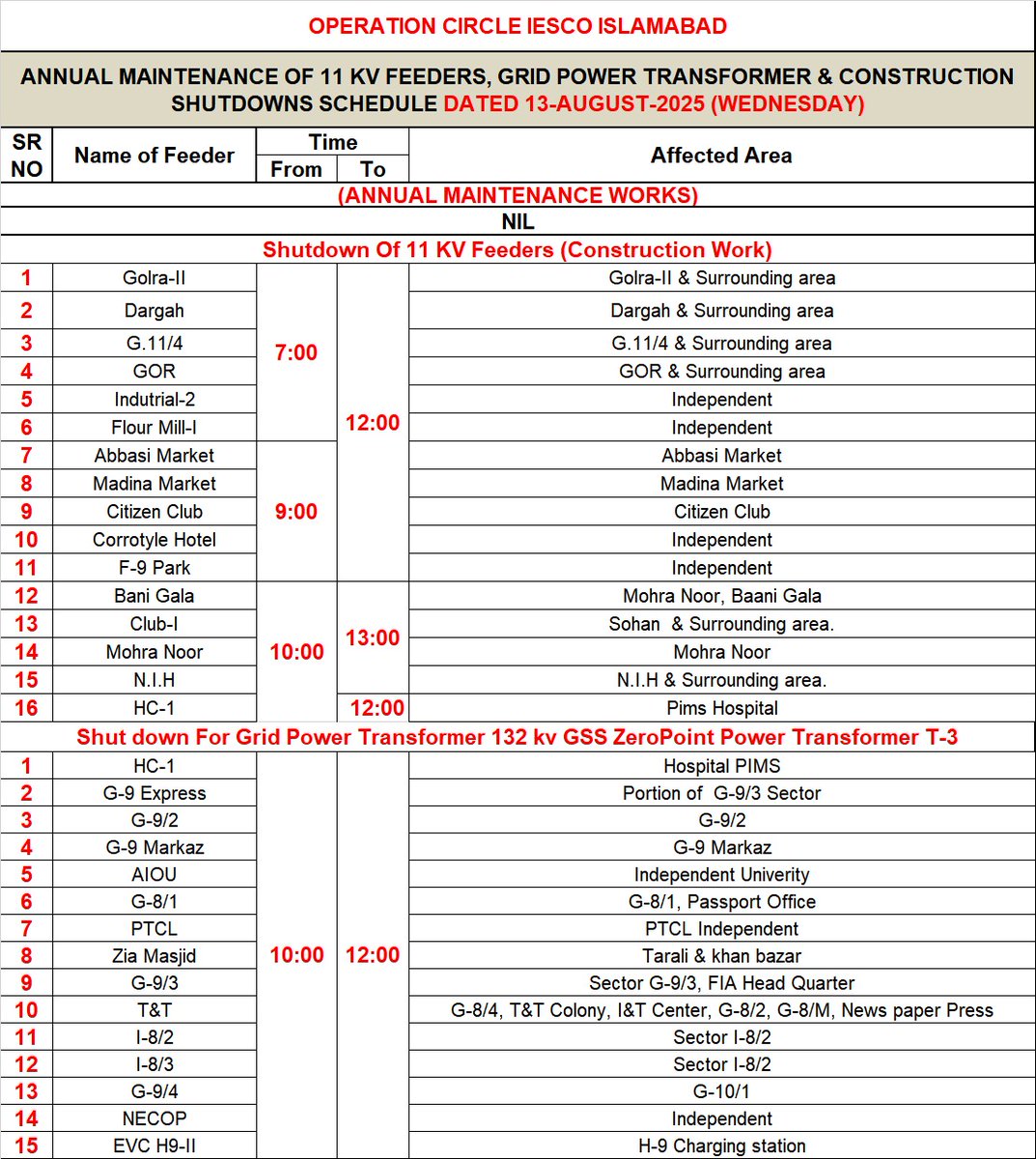 Dear Customers
Date: 13 August 2025 (Wednesday)

IESCO Construction Work Shutdown

1. Rawalpindi cantt
2. Rawalpindi city
3. Islamabad 

  Inconvenience  is regretted please.
