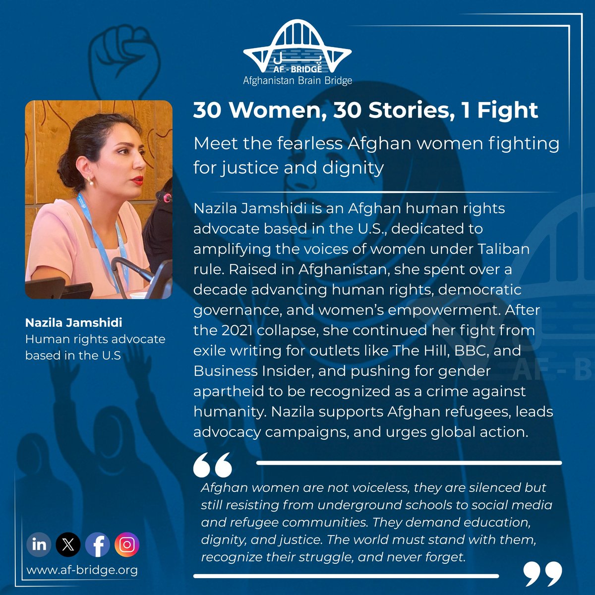 Af-Bridge (@afgbridge) on Twitter photo Day 12 | #30Days30Profiles
"Afghan women are not voiceless, they are silenced but still resisting from underground schools to social media and refugee communities." - <a href="/NazilaJamshidi1/">Nazila Jamshidi</a>
🎥 Watch
📢 Share
✊🏽 Stand with Afghan women
#RiseBeyondFear #HumanRights #Afghanistan #AfBridge Day 12 | #30Days30Profiles
"Afghan women are not voiceless, they are silenced but still resisting from underground schools to social media and refugee communities." - <a href="/NazilaJamshidi1/">Nazila Jamshidi</a>
🎥 Watch
📢 Share
✊🏽 Stand with Afghan women
#RiseBeyondFear #HumanRights #Afghanistan #AfBridge