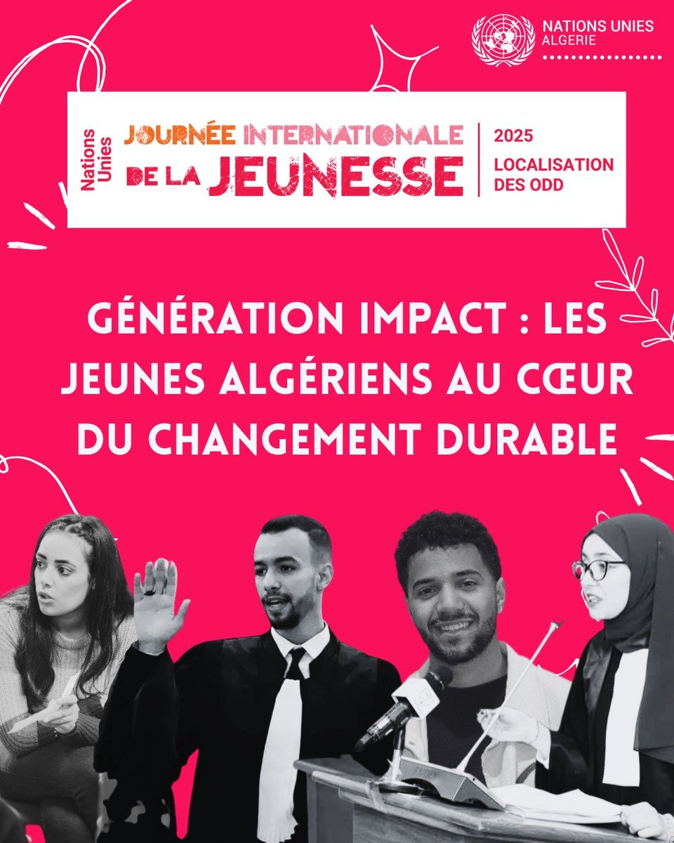 Nations Unies en Algérie (@unalgeria) on Twitter photo La jeunesse algérienne inspire, innove et agit ! 
En cette #JournéeDeLaJeunesse, découvrez comment Chamseddine, Sabrina, Oumaima & Abdallah œuvrent pour l'atteinte des #ODD  
Lire plus 👉 urls.fr/MxPirx
#JourneeDeLaJeunesse 
#GénérationImpact #UN4Youth #ODDYOUTH La jeunesse algérienne inspire, innove et agit ! 
En cette #JournéeDeLaJeunesse, découvrez comment Chamseddine, Sabrina, Oumaima & Abdallah œuvrent pour l'atteinte des #ODD  
Lire plus 👉 urls.fr/MxPirx
#JourneeDeLaJeunesse 
#GénérationImpact #UN4Youth #ODDYOUTH