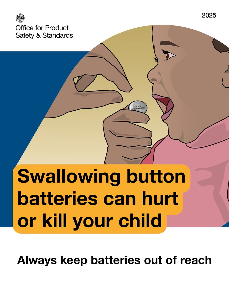 OfficeforSandS's tweet image. ⚠️ Swallowing button batteries can hurt or kill your child.  
✋Keep them safe by always storing batteries out of reach. 
🔋 Even small batteries can cause serious injuries.
For more information visit: 
🔗 gov.uk/guidance/child…

#SmallHazardsBigHarm #ButtonBatterySafety