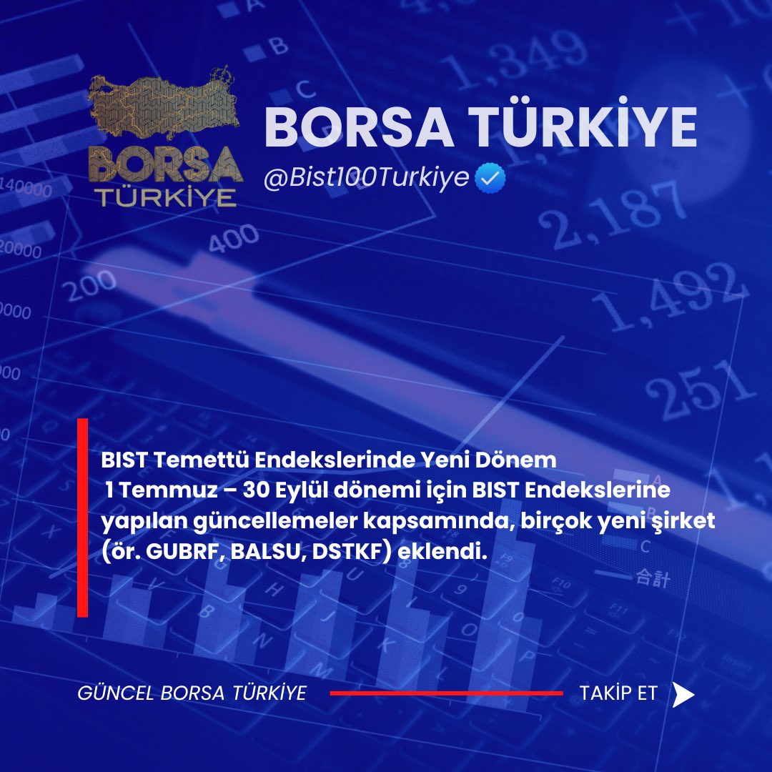 BIST Temettü Endekslerinde Yeni Dönem
1 Temmuz – 30 Eylül dönemi için BIST Endekslerine yapılan güncellemeler kapsamında, birçok yeni şirket (ör. #GUBRF, #BALSU, #DSTKF) eklendi.

#XU100 #BIST100 #BORSA