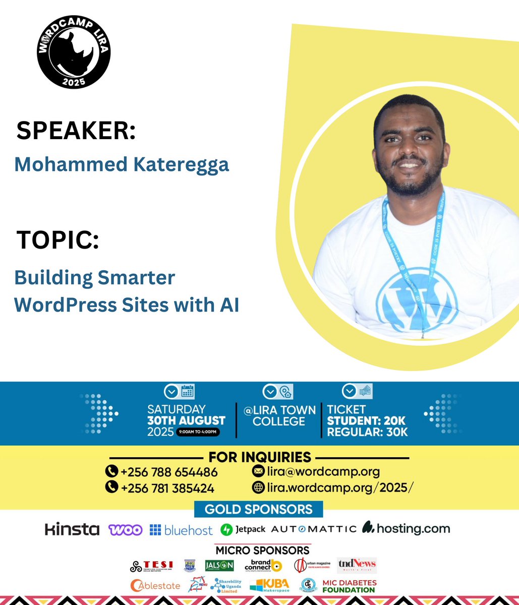 We are happy that <a href="/AfricanTechVC/">Mohammed Kateregga 🇺🇬🇺🇳</a> will be speaking at #WCLira. We look forward to learning more about "Building Smarter WordPress sites with AI."