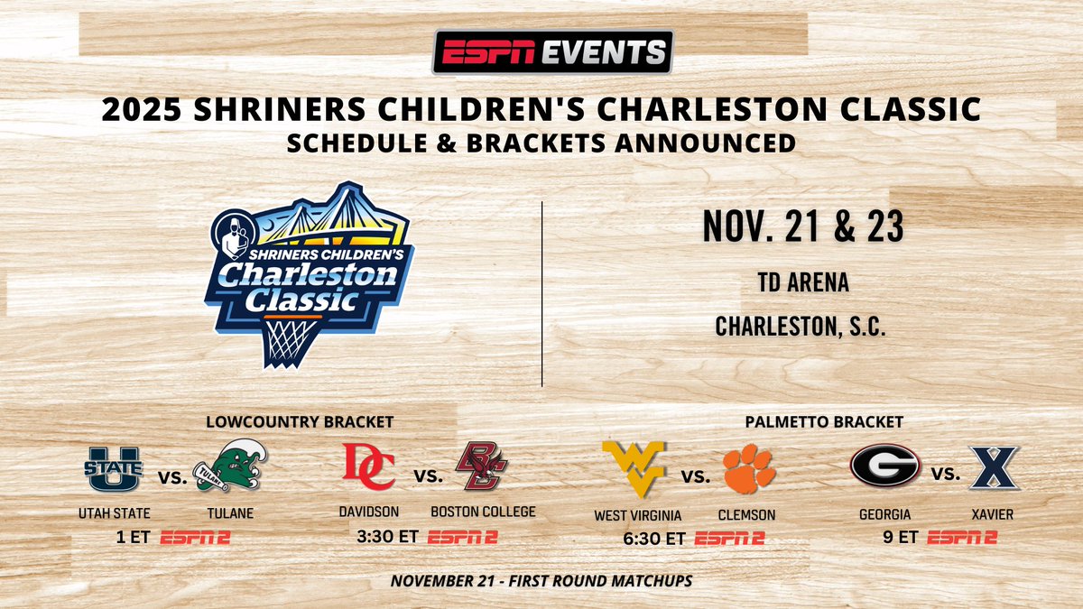 Nothing but net! 🏀

<a href="/ESPNEvents/">ESPN Events</a> announces schedule &amp; brackets for the 2025 Shriners Children's Charleston Classic

📍 TD Arena | Charleston, S.C.
🗓️ Friday, Nov. 21 &amp; Sunday, Nov. 23

Details: bit.ly/4mDfyaG